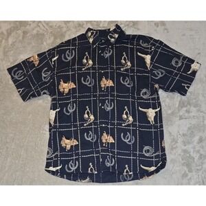 Vintage Bit And Bridle Shirt Mens L Western Longhorn Steer Rodeo Cowboy Blue‎